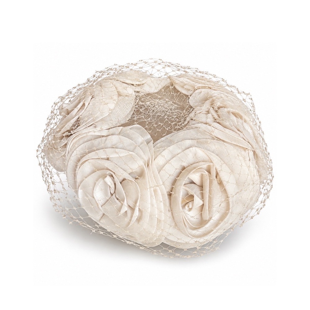 Clover Lane Pillbox Hat Rosette Birdcage Veil Cream OS Good Vintage 60s Bridal